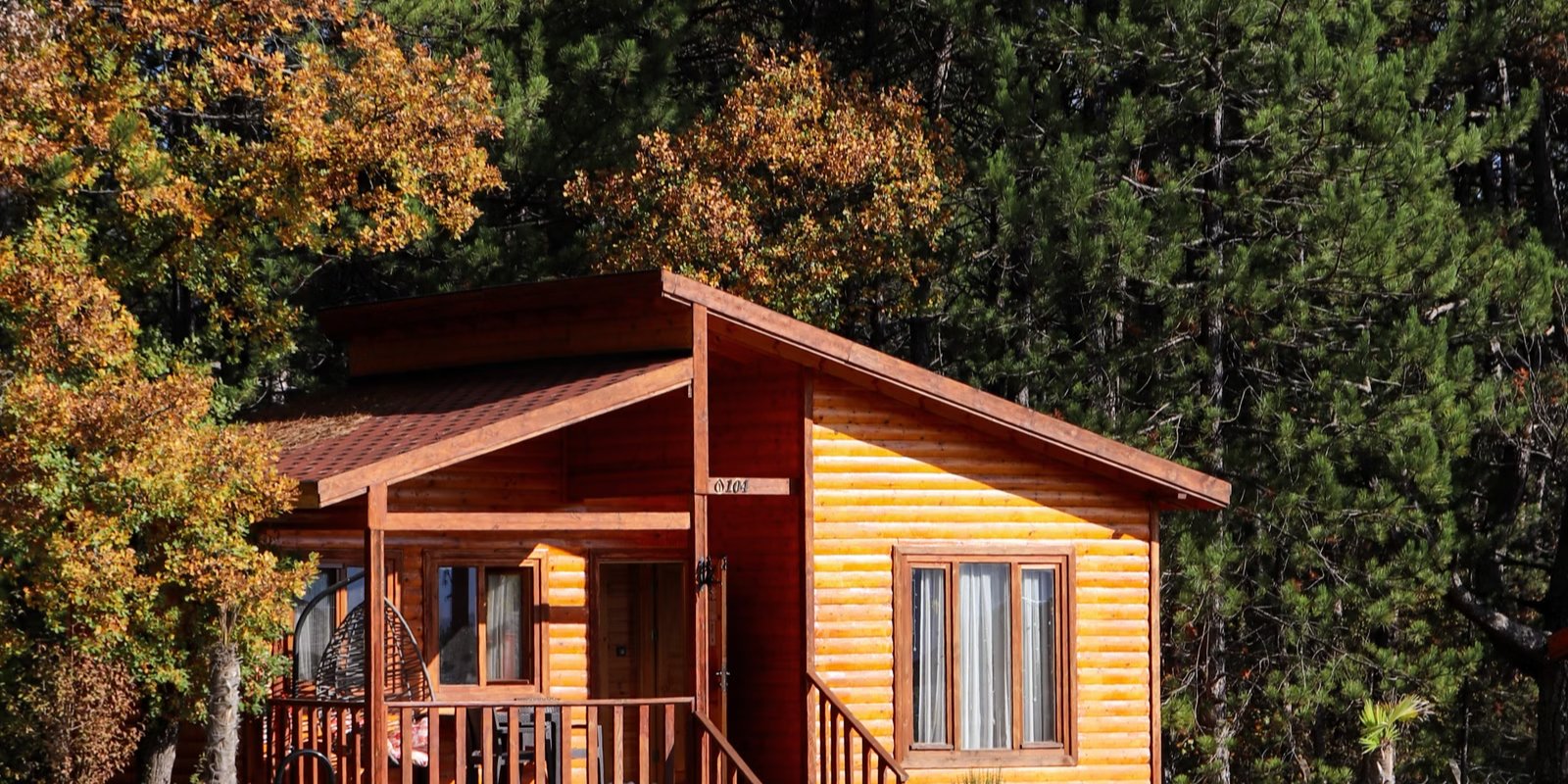 Houten vakantiehuisje tussen de herfstkleurige bomen